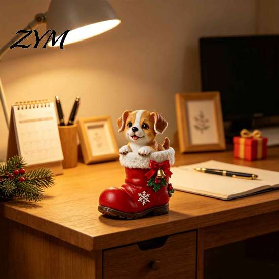 Winter Atmosphere Ornaments Christmas Puppy in Santa Boot Resin Figurine, Cute Dog Holiday Tabletop Decor with Festive Desk Accessories Bow