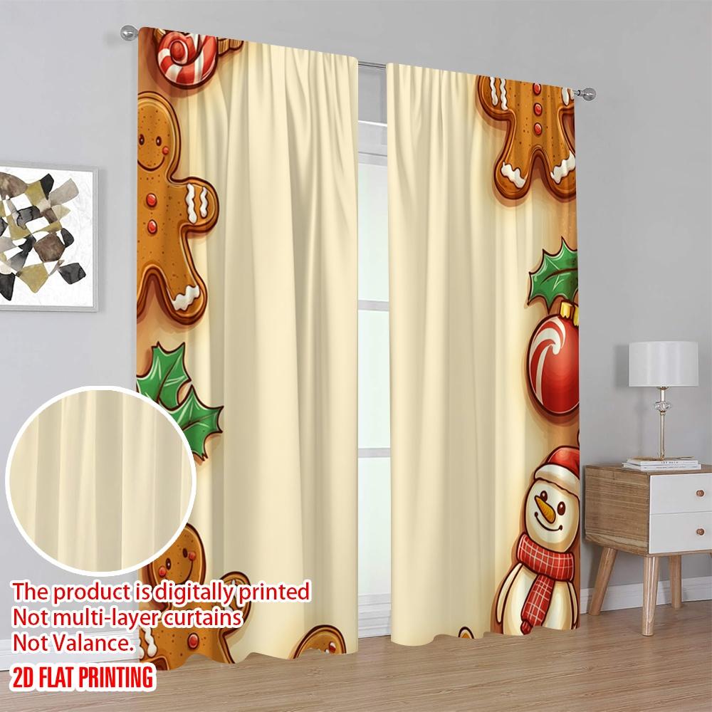 2pcs,2D Plane Printing Curtains Christmas Cookies Border Festive Treats (4) Versatile Fabric (without Rod) Art Deco Festive