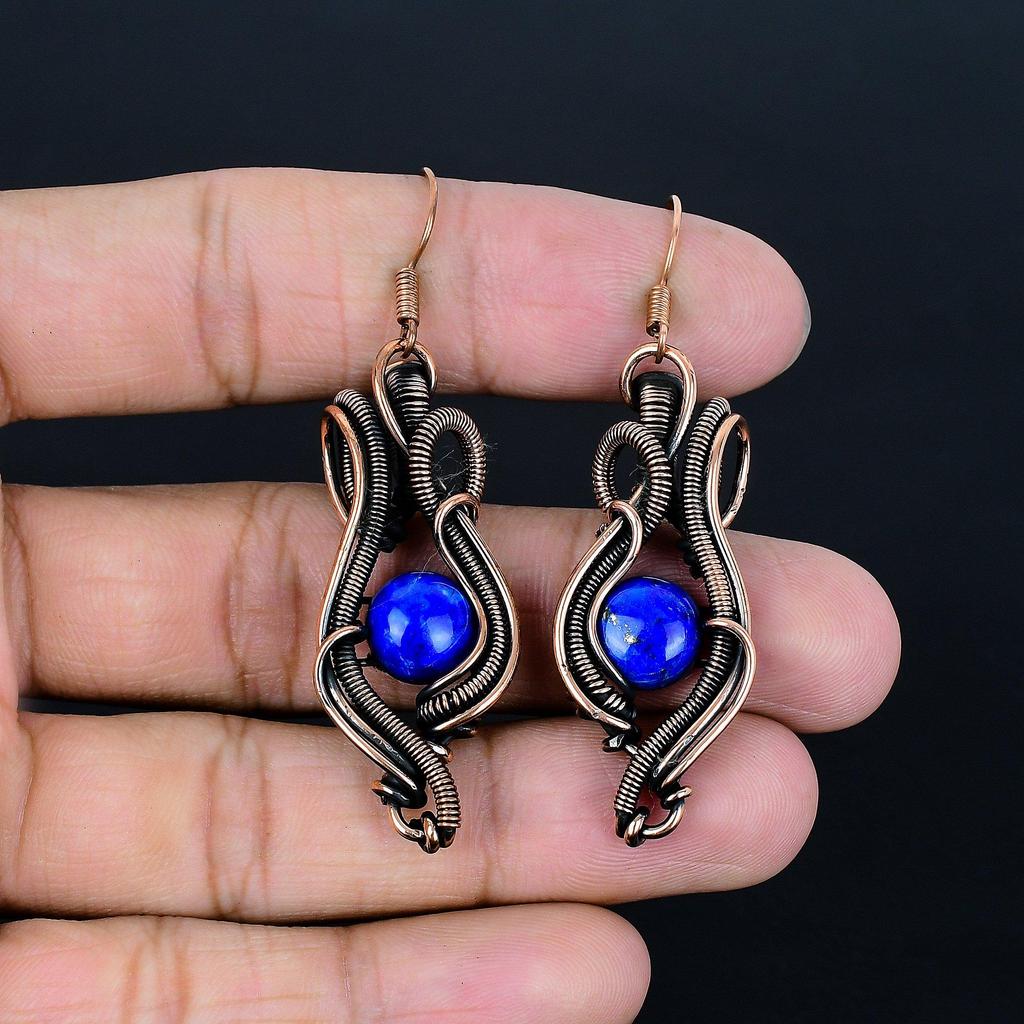Lapis Lazuli 999 Copper Wire Wrapped Jewelry, Handmade Gemstone Earrings Jewelry, Gifts For Wife Brand New Earrings