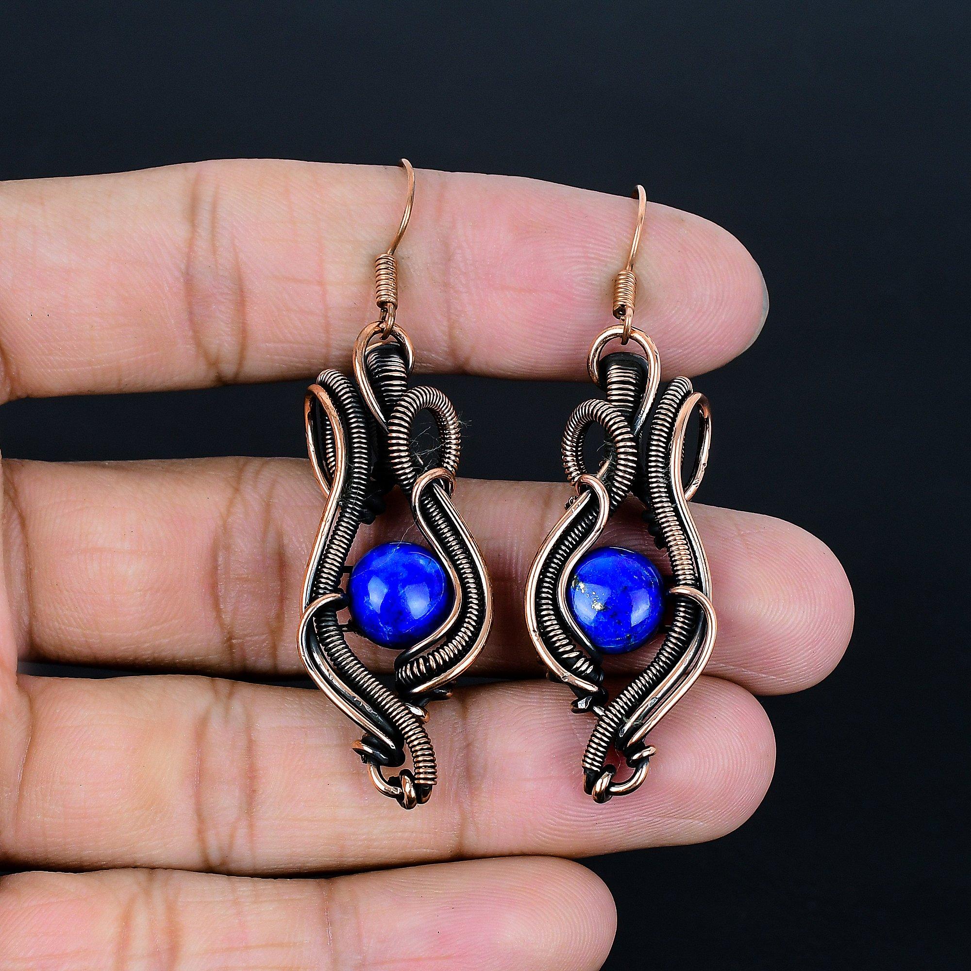 

Украшения из лазурита, обернутые медной проволокой 999 пробы, Ювелирные изделия ручной работы с драгоценными камнями, Подарки для жены Новые серьги 2.48 Inches