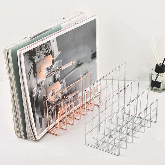 Magazine Holder Book Stand with 3 Vertical Compartments Hollow Design Rustproof Storage Rack Office Desk Organizer