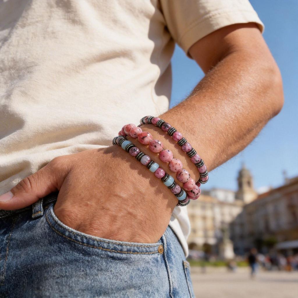 New Men's Stacked Beaded Bracelet Fashion Versatile Powder Zebra Black Gallstone Natural Stone Elastic Bracelet Men