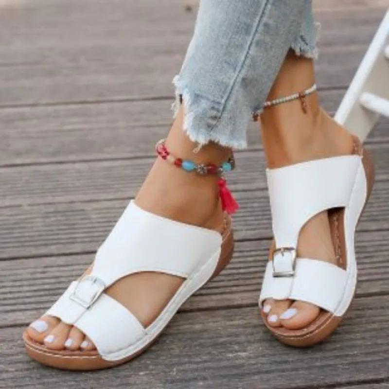 Fashion 2025 Ladies Shoes Open Toe Women's Slippers Outdoor Casual Slippers Women Buckle Round Toe Wedges Plus Size Women's Sandals