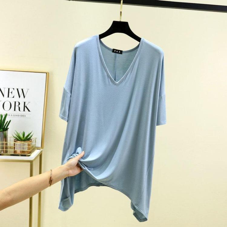 

Летняя Легкая Модальная Свободная Футболка с V-образным Вырезом Однотонный Топ Большого Размера Рукав Пять Четвертей XXL светло-синий