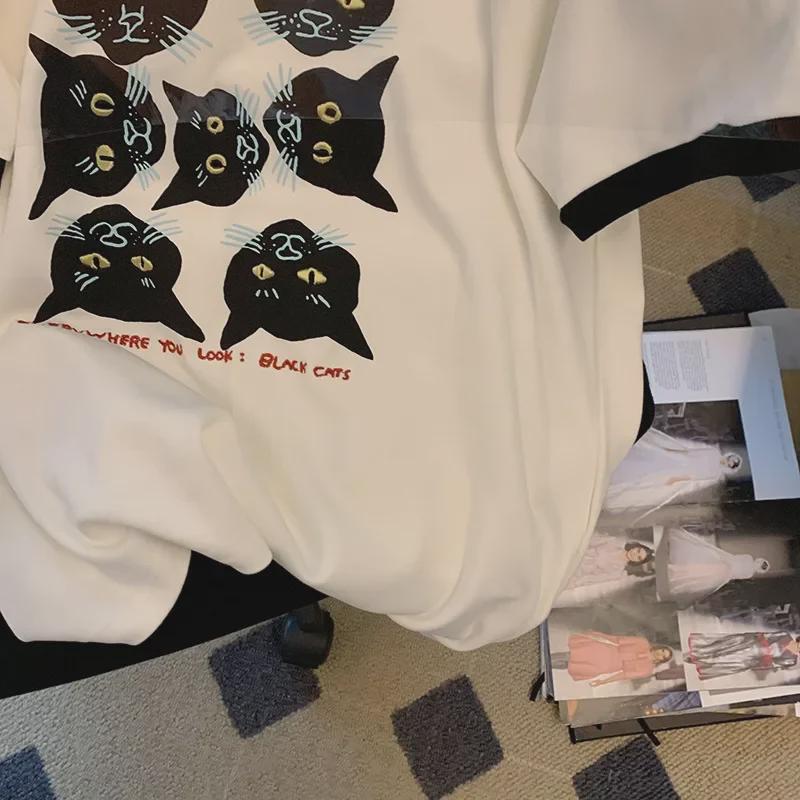 Dámské letní 2024 volné tričko s potiskem kreslené kočky - Čistá bavlna, kontrastní límec, ležérní top s krátkým rukávem