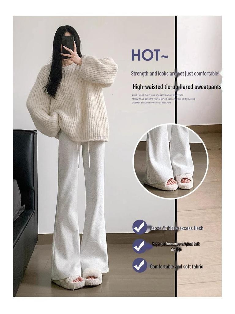 Petite Women's High-Waist Dark Grey Micro-Flare Sweatpants (150cm) - American Style, Spring/Autumn