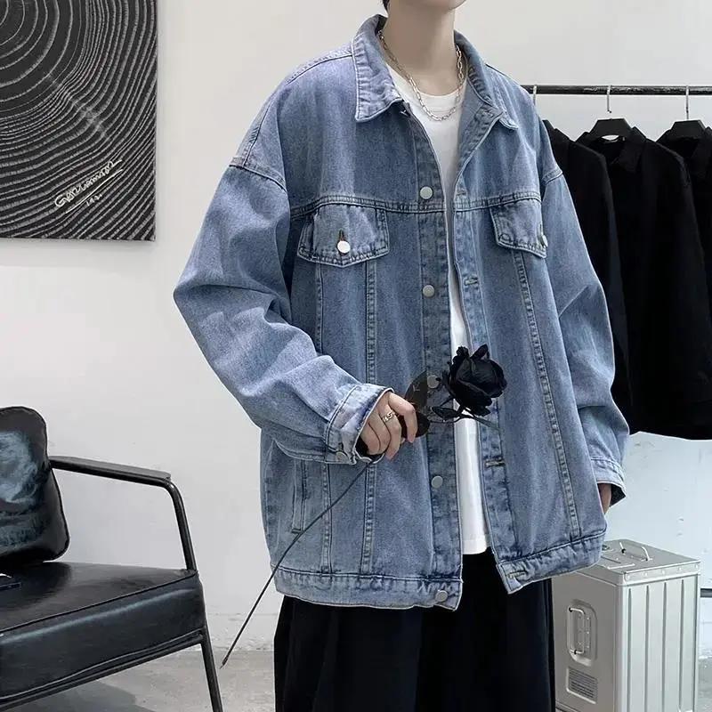 Spring Autumn Men Turn Down Collar Jacket Jeans Coats Retro Denim Solid Color Short Jacket Casual Pockets Overalls Streetwear Man Clothing Outwear