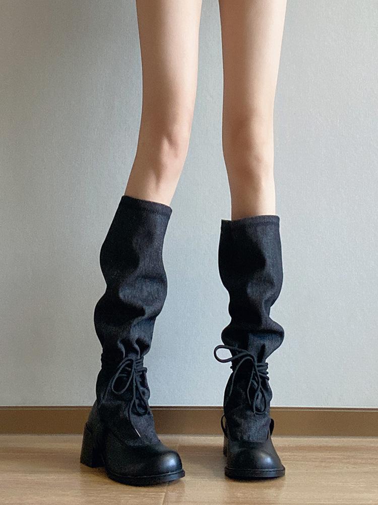 

2025 new black western cowboy boots women s round head pleated stacking boots wide tube thin strap thick heel boots 40 чёрный