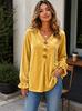 Women's Velvet Blouse with V-Neck Button Long Sleeves for Fashion Everyday Wear