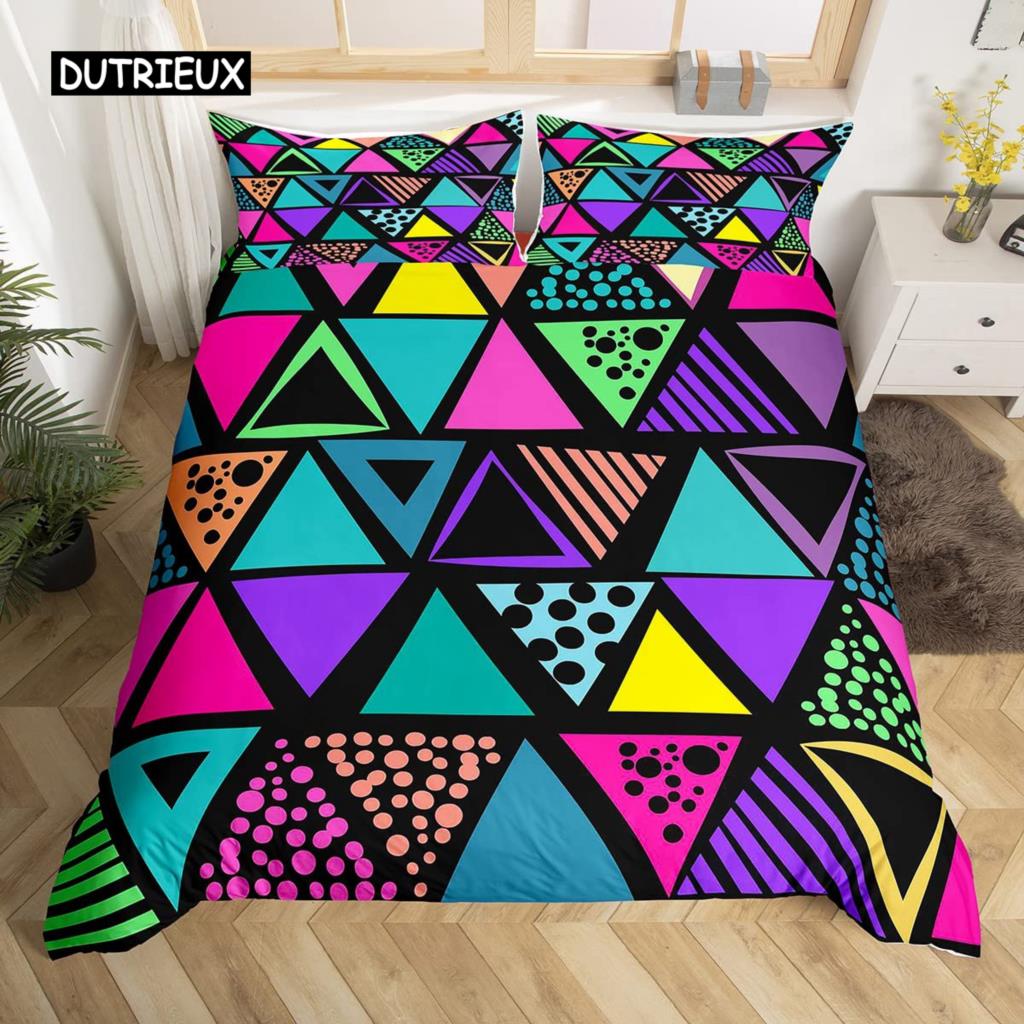 Set Husă Plapumă Geometrie King Albastru Alb Negru Triunghiuri Dungat Set Lenjerie de Pat Poliester Vintage Desenat Manual Dungă Groasă Husă Plapumă