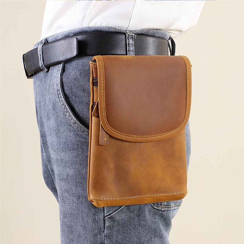 Cowhide Crossbody Bag, Leather Phone Waist Bag, Belt Bag, Portable and Lightweight Top Layer Cowhide Flip Bag
