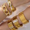 18K Gold Plated Honeycomb Pattern Stainless Steel Wide Bracelet with Zirconia Inlaid - European & American Fashion.