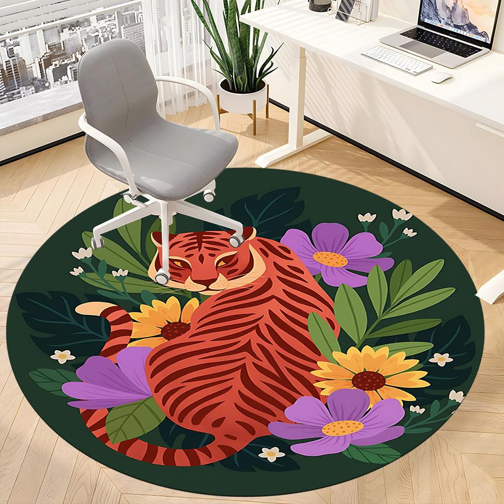 1pc Tiger Flowers Office Round Area Rug,  Mat Suitable For Office, Under Office Chairs Bedroom Living Room Home Decor, Room Deco
