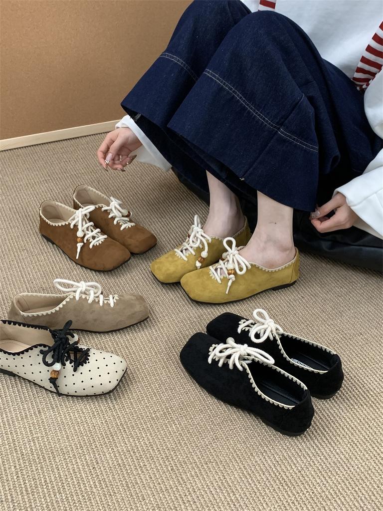 Korean version of retro square head flat-soled single shoes women's shoes 2025 autumn new versatile lace-up Mary Jane casual shoes