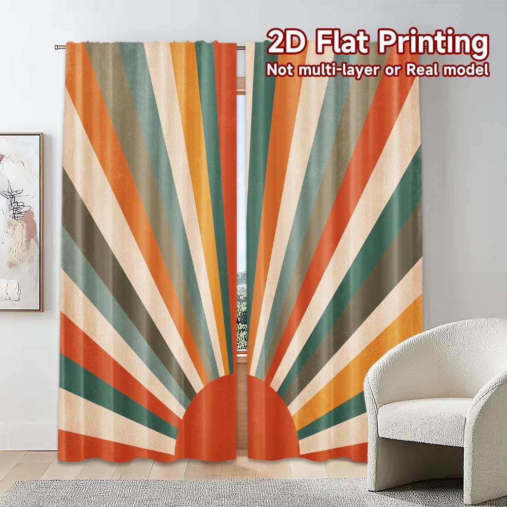 2pcs, 2D FLAT PRINTING Curtains (Without Rod) Retro Sunrise(1) Modern Curtain Fabric Yarn Curtains Decorations Outdoor Suitable