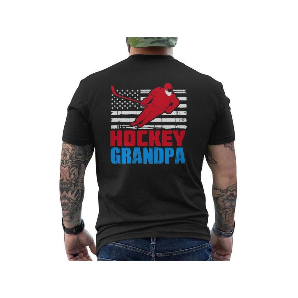 Hockey Grandpa Graphic Print Men's T-Shirt American Flag Vintage Ice Hockey Tee