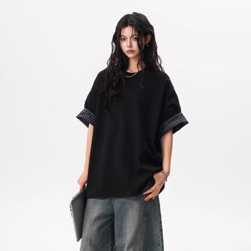 

BWKA Black Plaid Rolled-Edge Cotton T-Shirt XXL