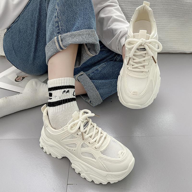 Thick-soled Solid Color Dad Shoes for Female Students Running Sneakers  New Summer Mesh Breathable Casual Shoes