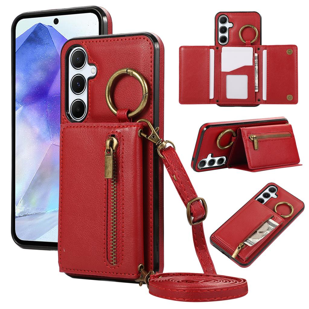 For Samsung Galaxy A16 4G Leather Back Cover Zipper Wallet Kickstand Phone Case with Shoulder Strap