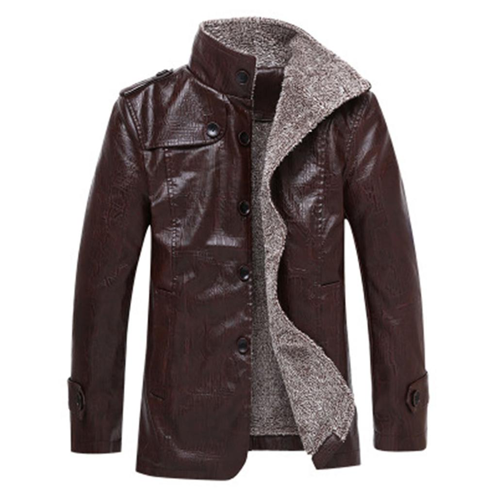 Men's Fashionable Shearling-Lined Fleece-Lined Thickened Leather Jacket Large Size Casual Cool Biker- Outerwear