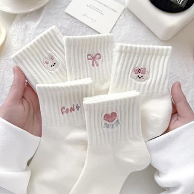 10-1 Paar Dames Sokken met Hartvormige Strik, met een Modieus en Minimalistisch Design voor Lente en Herfst! Schattig Patroon Witte Sokken