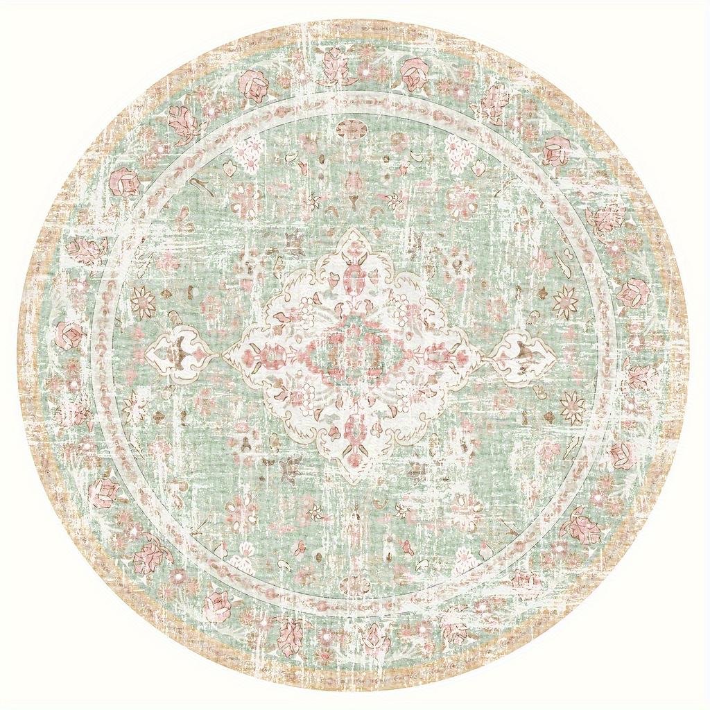 Crystal Velvet carpetBohemian Style Round Area Mat - Vintage Washable Machine-Made Polyester Mat with Non-Slip Rubber Backing,