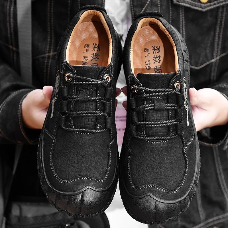 2024 New Men Leather Casual Hiking Shoes Outdoor Antiskid Genuine Leather Walking Shoes Soft Homme Classic Ankle Flats Moccasin