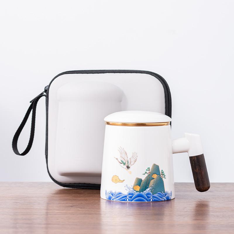Ceramic tea cup with lid tea separation cup filter water cup creative wooden handle cup office cup gift cup Guochao