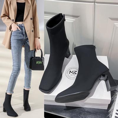 Martin Boots Women's Autumn 2025 New Square Head Thick Heel Elastic Zipper Thin Boots High Heels Short Boots Women's Boots
