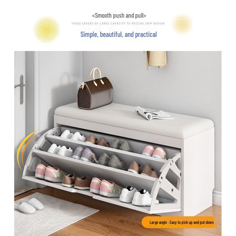 Shoe Storage Bench with Flip-Top Cabinet and Integrated Stool for Entryway