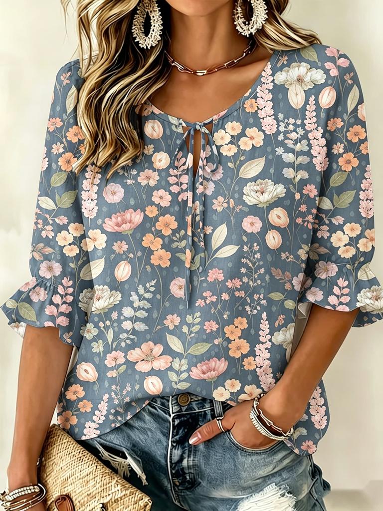 Women Round Neck Tie 3/4 Ruffle Sleeve Blouse, Mixed Shapes Tiny Floral Print, Versatile Top for Home & Commute