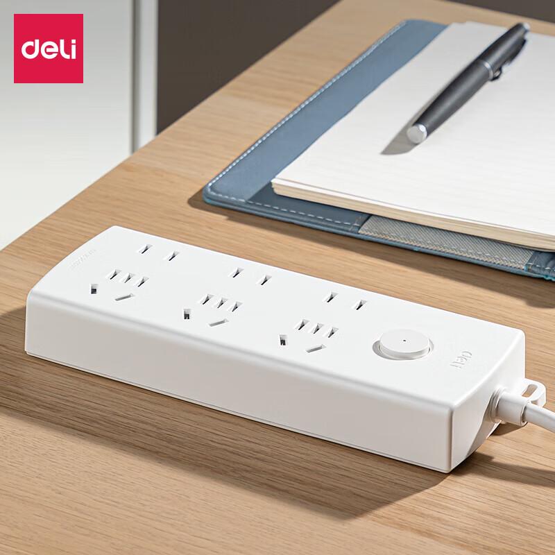 Deli Pearl White Series 6-Outlet Power Strip with Master Switch, 3m