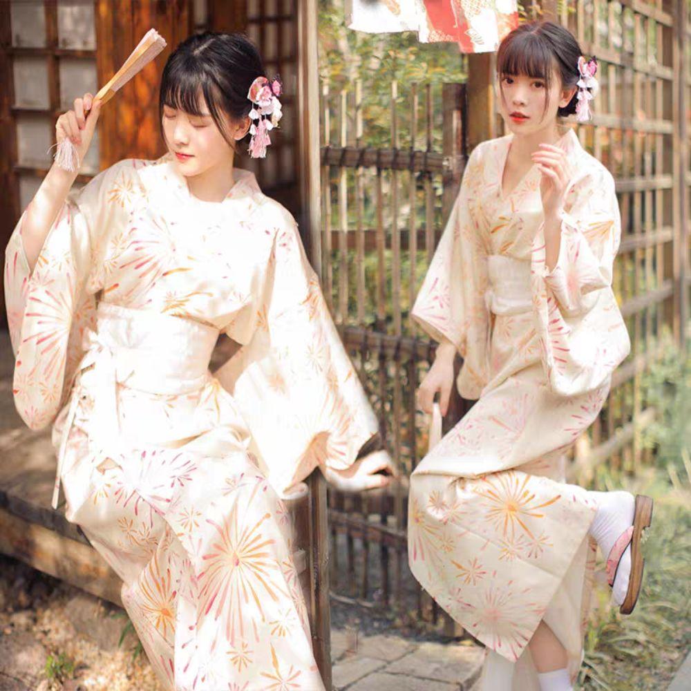 Printed Floral Sakura Girl Kimono Dress Elegance Japanese Style Yukata Bathrobe Party