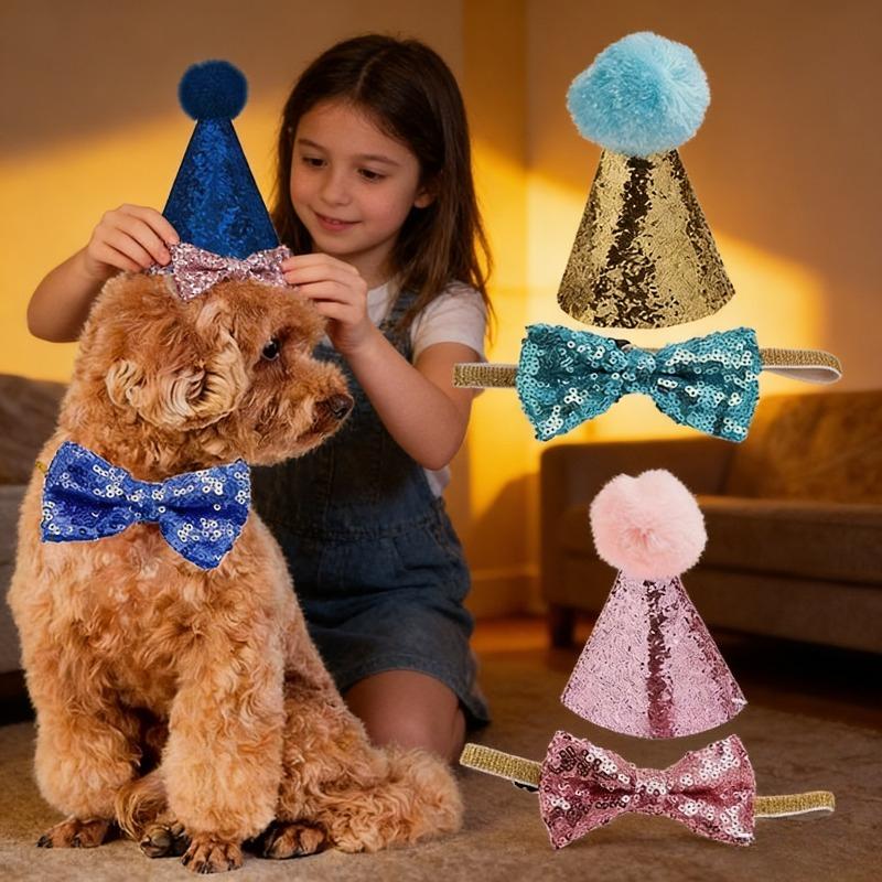 Pet Festival Set Sparkling Pink Hat Bow Collar Party Theme Decoration Props Cute Pet Birthday Dress Up