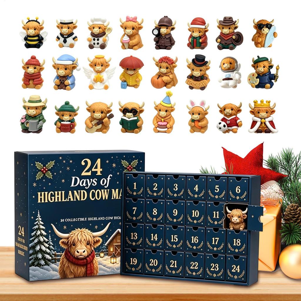 24-Day Highland Cow Christmas Countdown Calendar Mini 3D Highland Cow Figurine Christmas Gift Christmas Tree Cow Pendant