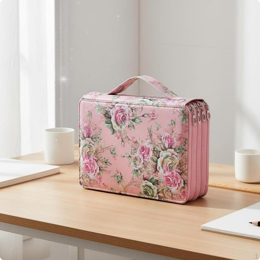 200 Slot Pencil Case Floral Print Multi Layer Zipper Bag Individual Elastic Slots Large