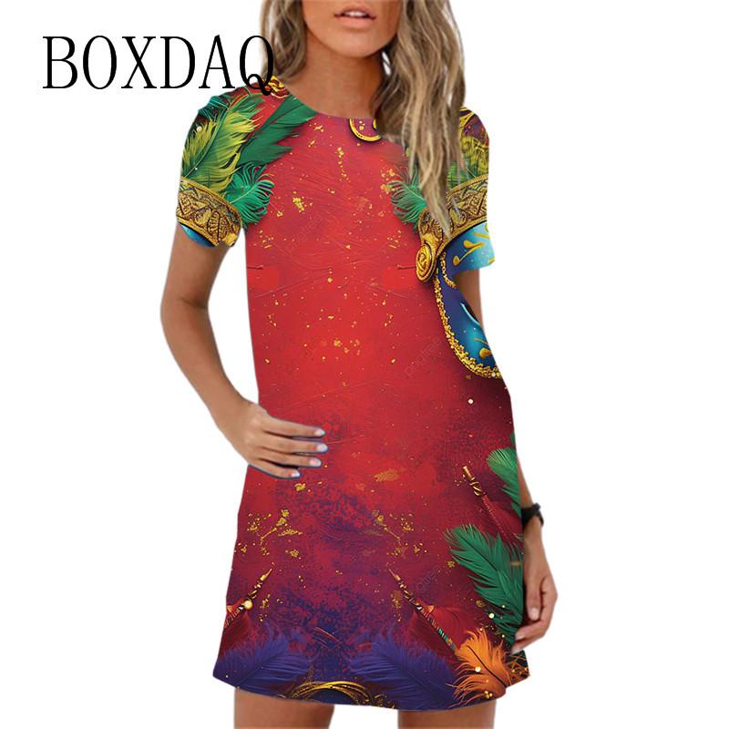 Summer New 2025 Women Mini Dress Vibrant Tuesday Carnival Party Dress Casual Short Sleeve O-Neck Print Loose A-Line Dress Womans