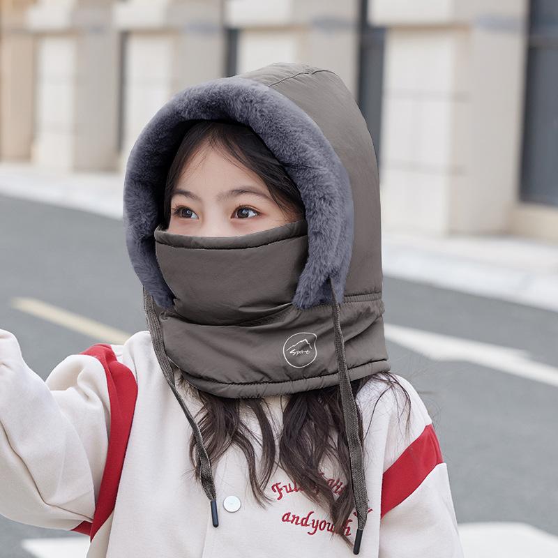 

Children s hats, winter boys and girls outdoor warmth, fleece neck protection, scarf, mask, integrated pullover hat