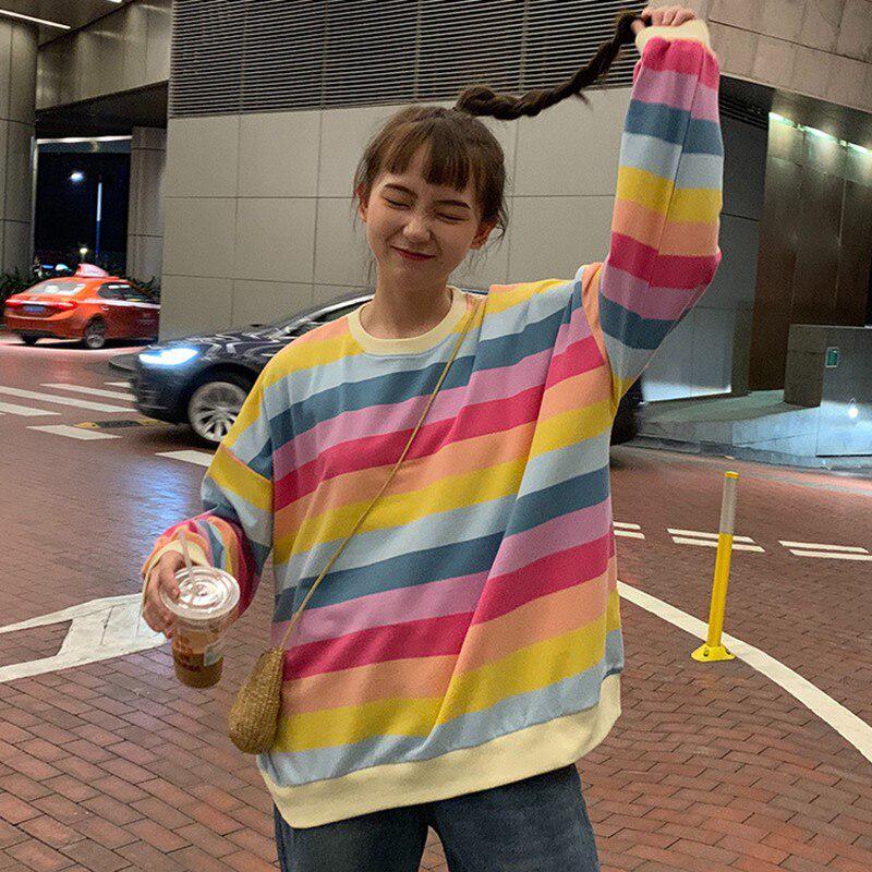 Damen Rundhals Langarmshirt Mode Regenbogenstreifen Lockeres T-Shirt Weibliche Freizeit-Tops