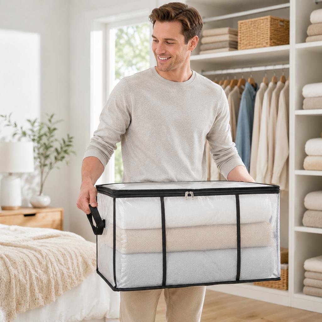 Large Capacity Transparent PVC Storage Bag with Zipper Closure and Reinforced Handles for Clothes Bedding and Moving Organization
