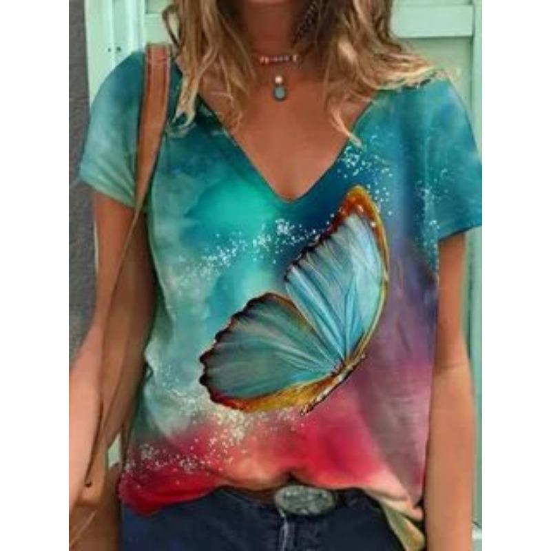 Summer V-neck 3D Creative Butterfly Gradient Printed Top Fashionable Casual Short Sleeved Women's T-shirts