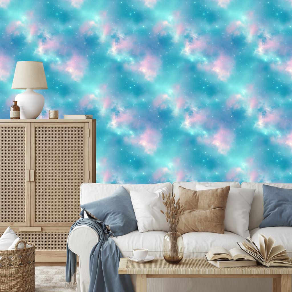 Watercolor Galaxy Wallpaper Turquoise, Blue and Celadon 50x1000