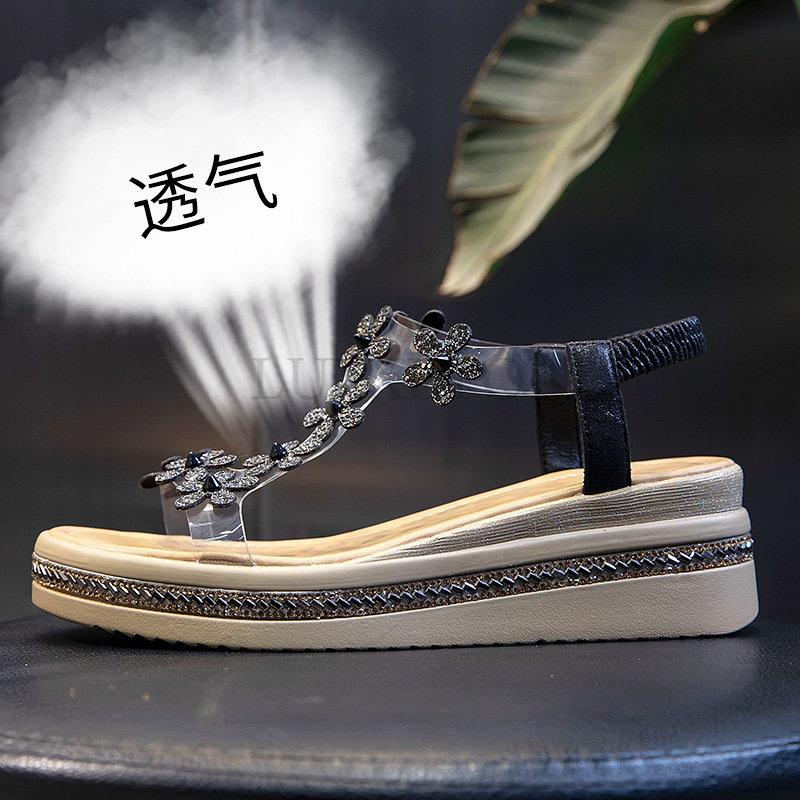 Summer Women Sandals Pvc Crystal Flower Decoration Chunky Heel Peep Toe Back Strap Elastic Band Elegant Fashion Shoes Ladies