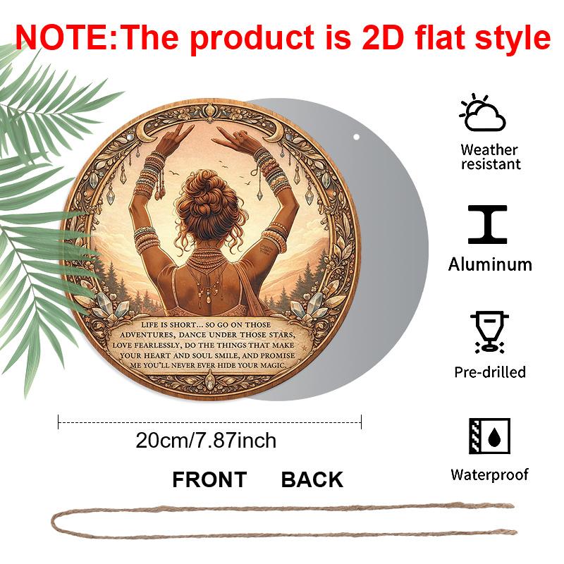 2D Flach, 1 Stück Rundes Aluminium-Hängeschild, Vintage-Plakette mit „Inspirierenden Zitaten und Bohemian Female Empowerment“, Mystische Spirituelle Energie