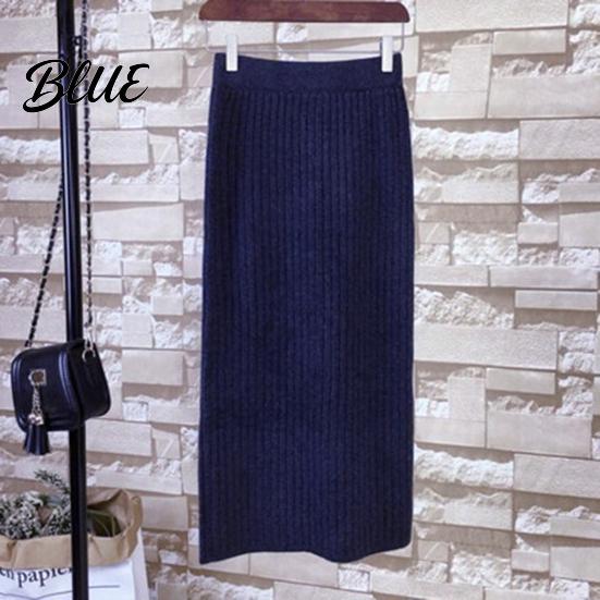 Solid Color Midi Skirt Women Knitting High Waist Back Slit Design Soft Breathable Thickened Warm Hip Wrapped