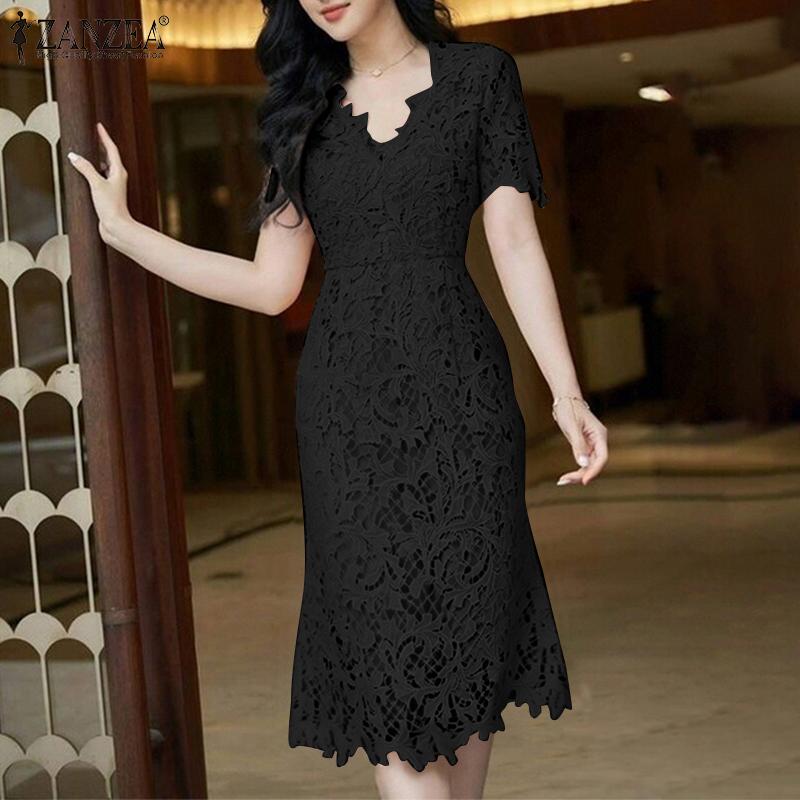 ZANZEA Women Casual Lace Crochet Patchwork Short Sleeve Sheath Dress
