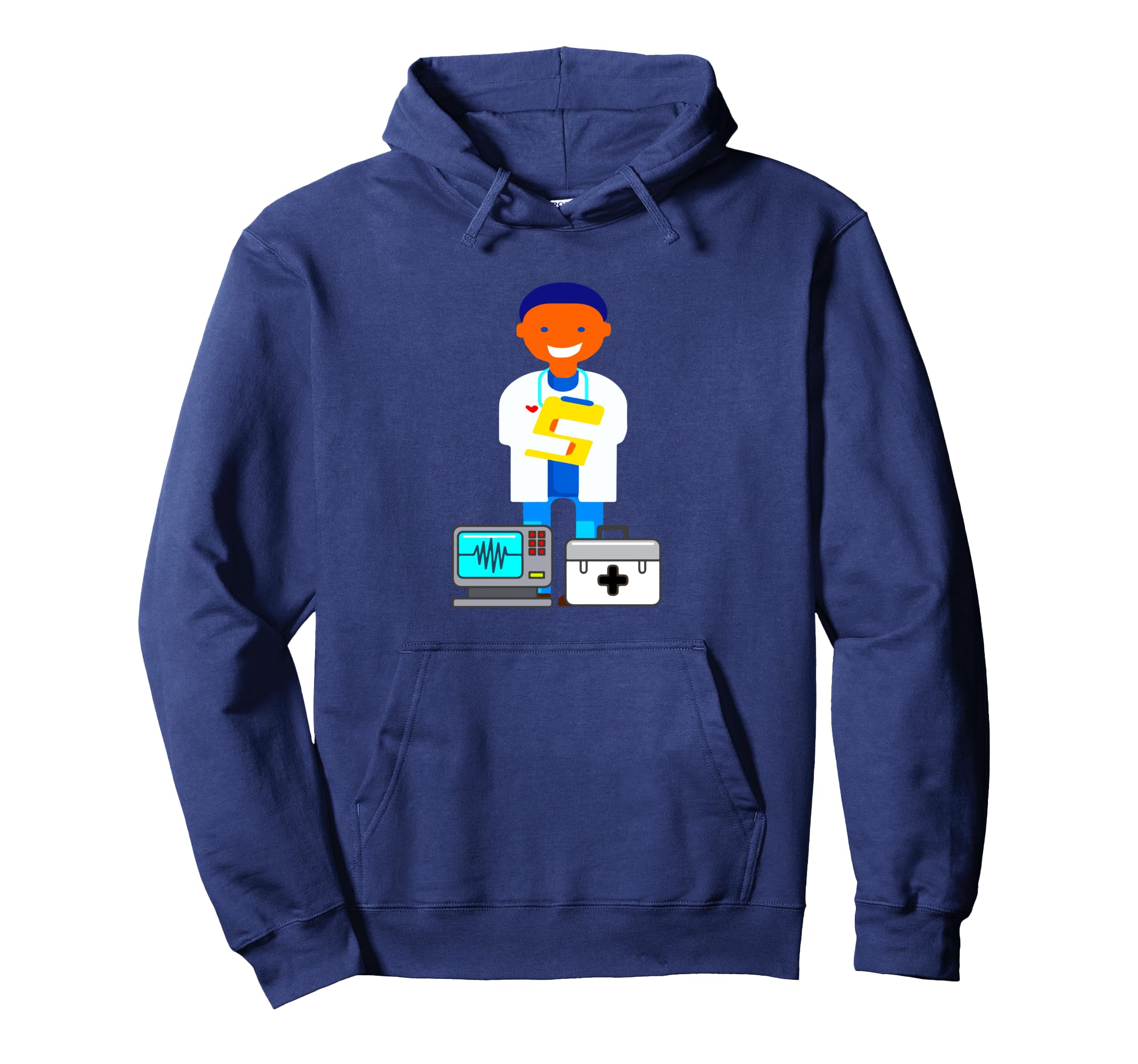 

Funny doctor with clamp heart apron hoodie board, & ekg! синій