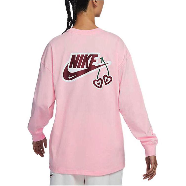Nike Valentines Day Series Printed Back Round Neck Pullover Long Sleeve T-Shirt Women Tops Pink FD9933-690