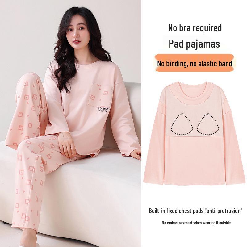 

Women s Cotton Pajama Set: Round Neck, Long Sleeve, with Chest Pads, for Spring & Autumn XXL (Recommended 140-160 jin)