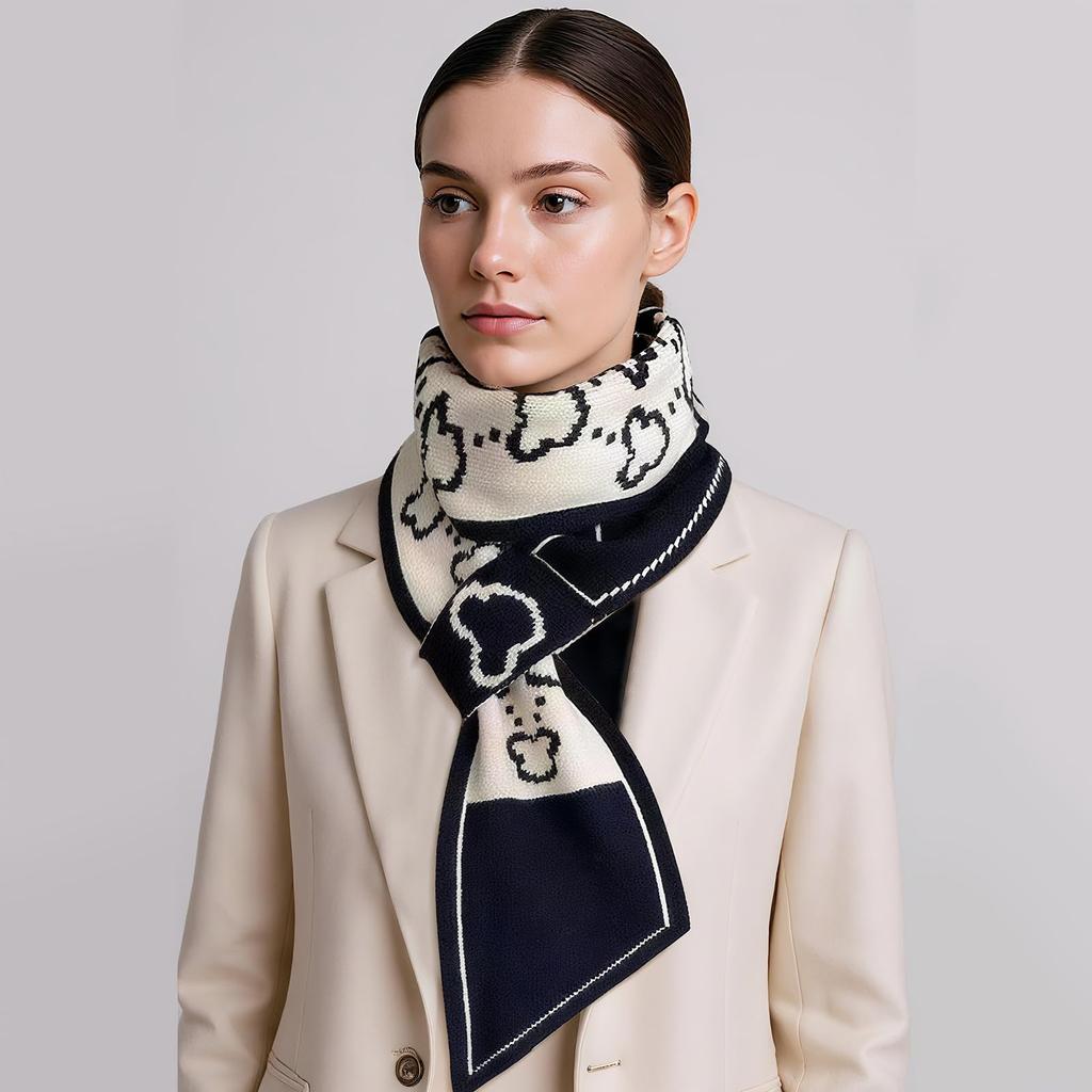 [LumiSyne] Fashion Knit Scarf Skinny Women's Winter Easy-to-Wear Retro Diamond Check Alphabet Pattern Narrow Long Neck Scarf Neckchief Warm